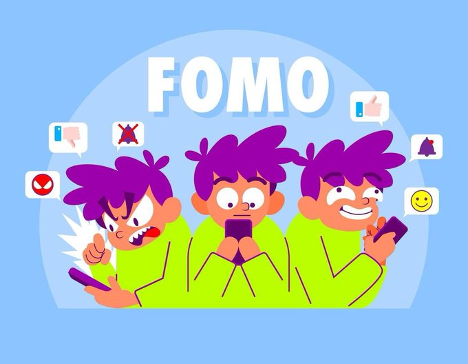 A cartoon illustration titled 'FOMO' depicting three characters in green shirts showing different emotional reactions to social media notifications on their phones.