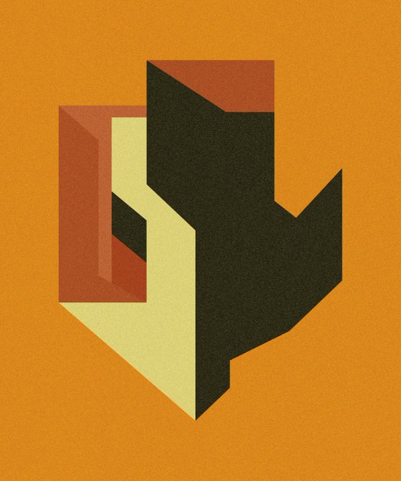 Abstract geometric artwork featuring angular black, cream, and terracotta shapes on a textured orange background.