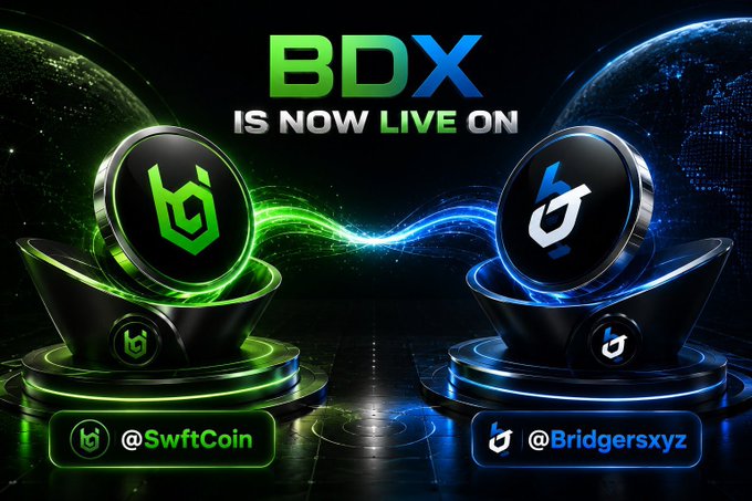 A promotional graphic displays 'BDX IS NOW LIVE ON' above two glowing coin designs, with handles '@SwftCoin' and '@Bridgersxyz' for the partnered platforms.