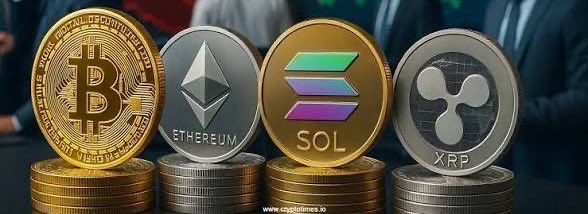The image features a collection of four cryptocurrency coins stacked atop one another, with each coin having its own distinct design. The coins include Bitcoin, Etherium, Sol, and Ripple. The coins are arranged from left to right, with the largest coin on top and the smallest coin at the bottom. The text in the image provides information about these coins, such as their names and the amount of capital they have attracted or been drained from the ETFs.