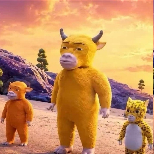 Three costumed characters — an orange monkey, a yellow horned creature, and a spotted yellow cat — stand on a beach at sunset.