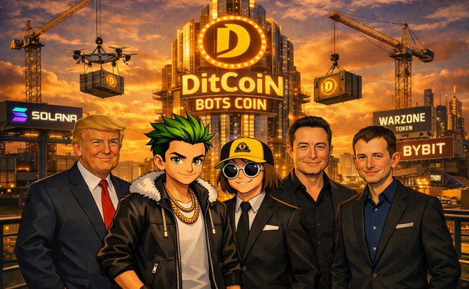 The image is a stylized promotional graphic featuring caricatures of Donald Trump, two cartoon crypto characters, Elon Musk, and Vitalik Buterin standing in front of a cityscape displaying "DitCoin BOTS COIN," along with logos and text for "SOLANA," "WARZONE TOKEN," and "BYBIT." It visually promotes the "$DTB" memecoin, tying together the post's references to celebrity figures, Pumpfun launches, and Solana-based crypto hype.