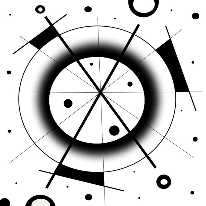 An abstract black and white design featuring a central circle with radial lines, surrounded by dots, geometric shapes, and gradient shading.