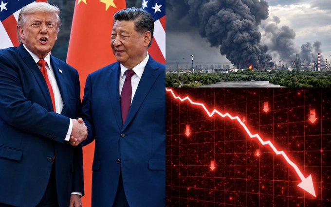 This image depicts Donald Trump and Xi Jinping shaking hands, juxtaposed with a burning industrial facility and a downward-trending stock market graph, symbolizing market volatility and geopolitical tensions.