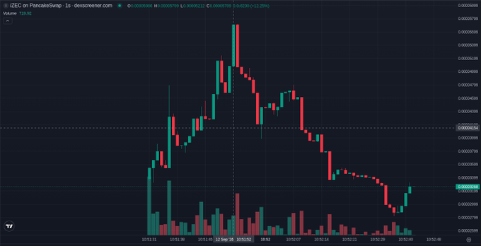 A candlestick chart from dexscreener.com showing the ZEC on PancakeSwap 1s trading pair, with the token pair and price details visible at the top.
