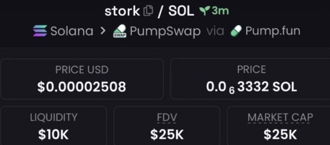 A dark-themed trading dashboard displaying metrics for the $stork token on Solana via PumpSwap (Pump.fun), showing a price of $0.00002508 USD (0.000003332 SOL), $10K liquidity, and a $25K FDV/market cap—aligning with the post's claim of a $25K entry point that peaked at $84K for a 3.3x gain.