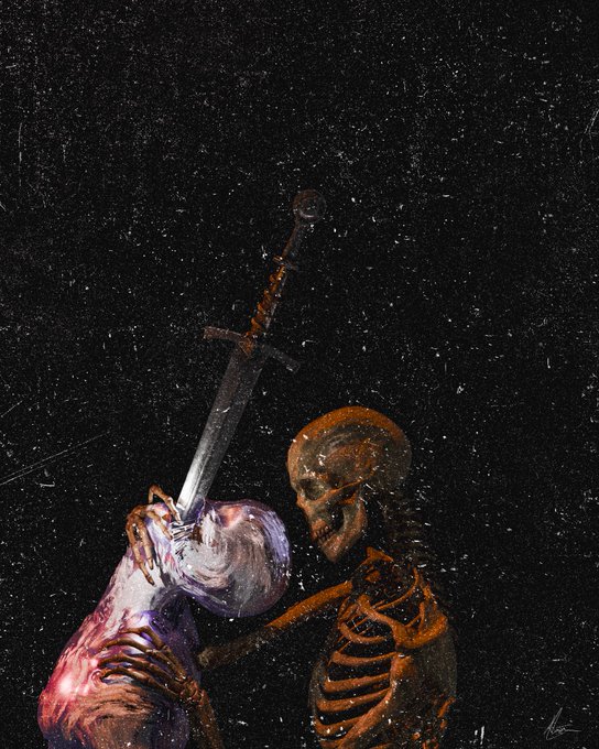 A dark, painterly illustration depicts a skeleton holding a sword behind a partially visible, fleshy figure against a black background.
