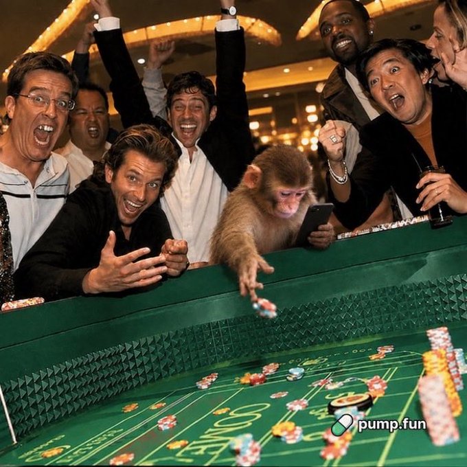 A chaotic casino craps scene with excited men cheering around a monkey wearing a suit and holding a smartphone, which is positioned at the craps table with stacks of colorful chips. The image, shared alongside a post about "dips" and aping into "$fone" on Pump.fun, humorously conveys high-risk gambling enthusiasm with the meme of the monkey (often used to represent reckless crypto trading) as the central figure.