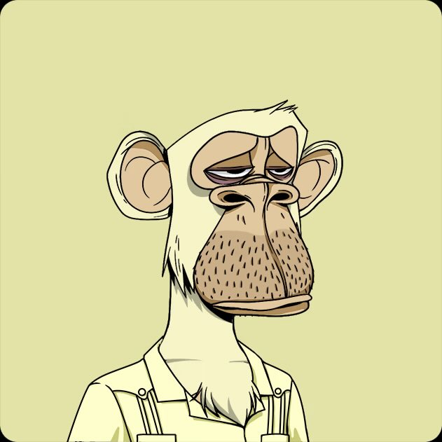A weary-looking cartoon monkey with droopy eyes and a bored expression wears suspenders against a pale yellow background, embodying the skeptical "this is fine" mood of an NFT collector unimpressed by ETH's surge and ironic claims about their JPEG being part of an "onchain art renaissance."