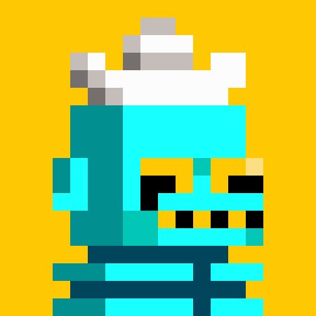 A pixel art illustration of a teal-colored character with a mug of steaming coffee set against a yellow background.