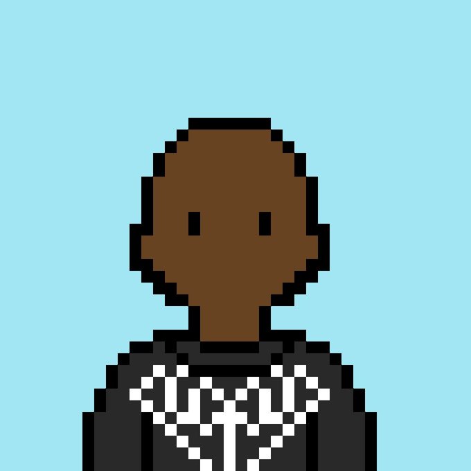 A pixel art avatar of a person with brown skin and a dark patterned shirt against a light blue background.