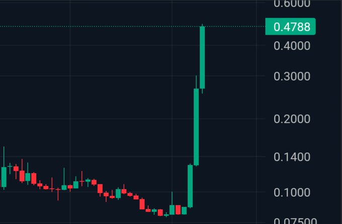 A candlestick chart shows a stock's price action with a dramatic surge from around $0.075-0.14 to a peak highlighted at $0.4788, visually illustrating the $HEI ticker referenced in the post having pumped over 450% within 48 hours.