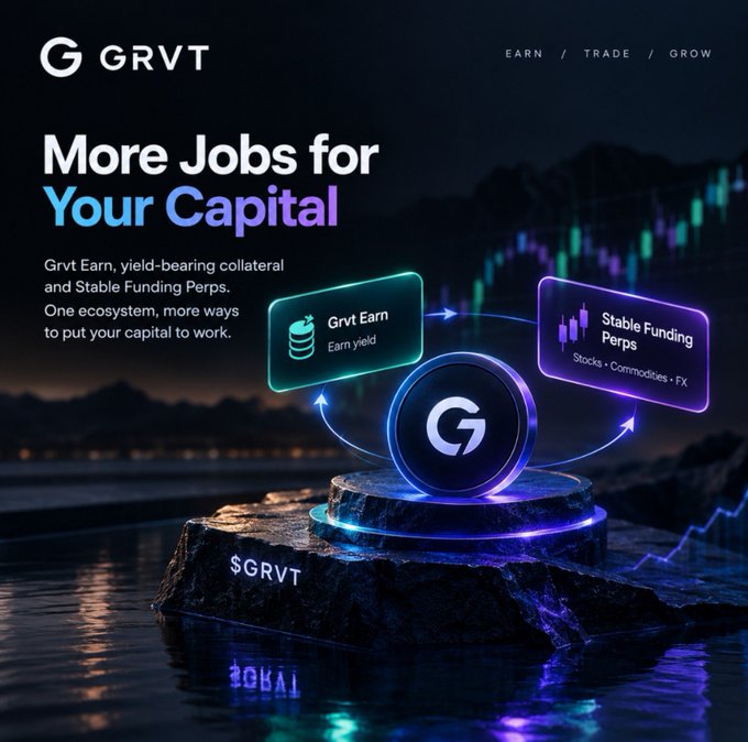 A GRVT promotional graphic reads “More Jobs for Your Capital,” with labels “EARN / TRADE / GROW,” “Grvt Earn,” “Earn yield,” and “Stable Funding Perps,” over a glowing financial-tech scene with charts and a central logo.