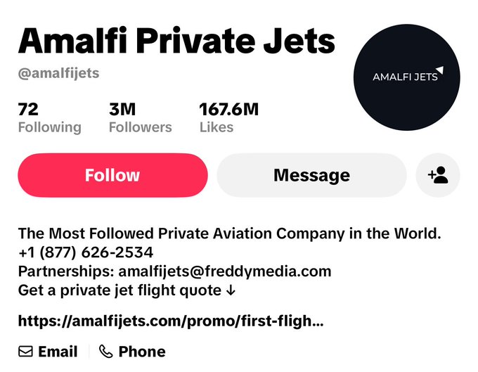 The image shows the TikTok profile of "Amalfi Private Jets" (@amalfijets), featuring a black circular logo with a paper airplane icon and the text "AMALFI JETS." The profile displays 72 Following, 3M Followers, and 167.6M Likes, along with a red "Follow" button and a "Message" button. The bio describes it as "The Most Followed Private Aviation Company in the World," includes the phone number +1 (877) 626-2534, and a link to amalfijets.com/promo/first-fligh. The profile's massive 3 million follower count aligns with the post about Amalfi Jets integrating Keeta Wallet for crypto payments, highlighting the company's significant influence as a major private aviation brand deploying Keeta's payment infrastructure.