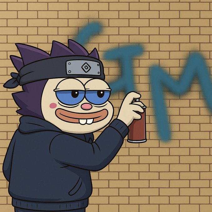 A cartoon character with spiky purple hair and a headband holds a spray can, looking back at a blue graffiti tag on a brick wall.