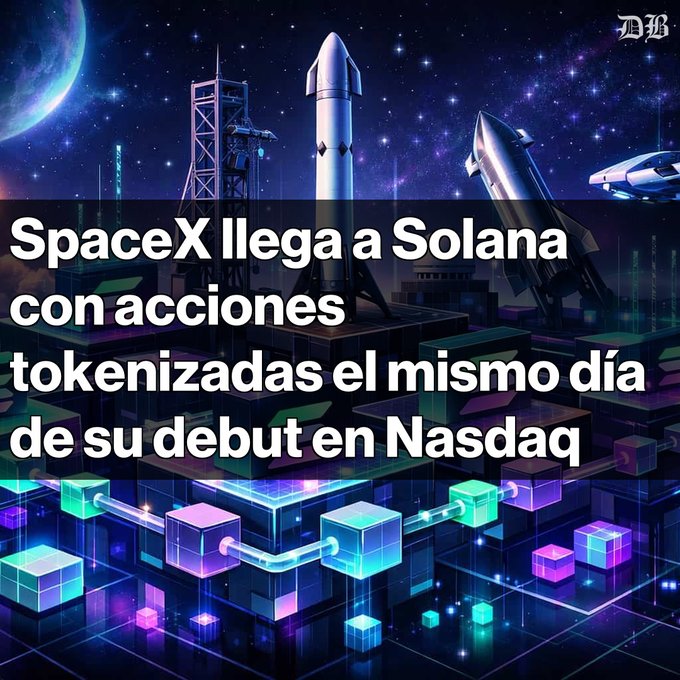 The image features a futuristic cityscape with various buildings, including one that resembles a rocket ship. The caption reads "SpaceX X Legaga a Solana con acciones tokenizadas en Solana el mismo día de su debut en Nasdaq SPCX será canjeable por acciones subyacentes 24/7". This suggests that the city is being developed by a company called SPCX, which has recently launched an initial coin offering (ICO) for its investors. The ICO aims to raise funds for the development of new projects and technologies in space exploration.