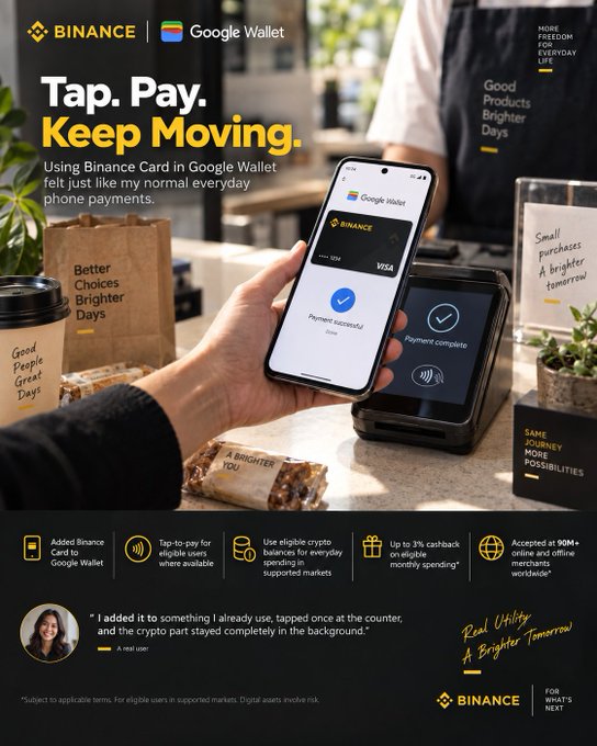 A hand holds a smartphone displaying a Binance Visa card in Google Wallet at a checkout terminal, with "Payment successful" and "Payment complete" prompts visible alongside bins of coffee beans and bagged goods. The image reinforces the caption's seamless tap-to-pay experience, highlighting features like 3% cashback on eligible spending, multi-currency crypto spending, and acceptance at 90M+ merchants worldwide.