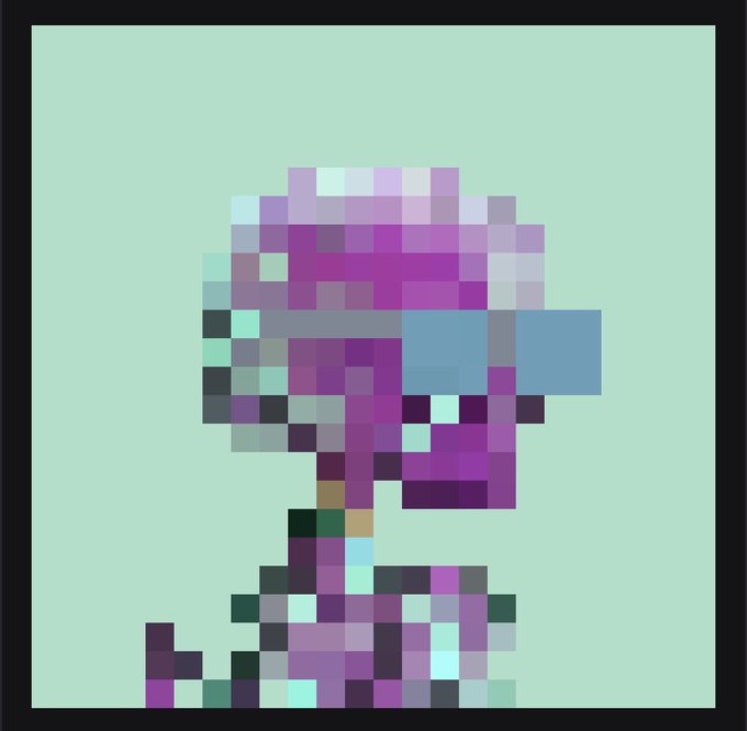 A heavily pixelated portrait of a character with a purple helmet or head covering and glowing teal eyes set against a light teal background.