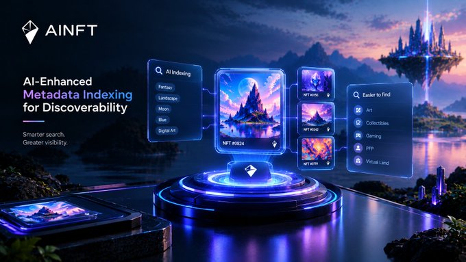 A promotional graphic for 'AINFT' showcasing 'AI-Enhanced Metadata Indexing for Discoverability' with options like Fantasy, Landscape, and Digital Art, alongside categories such as Art, Collectibles, and Gaming.