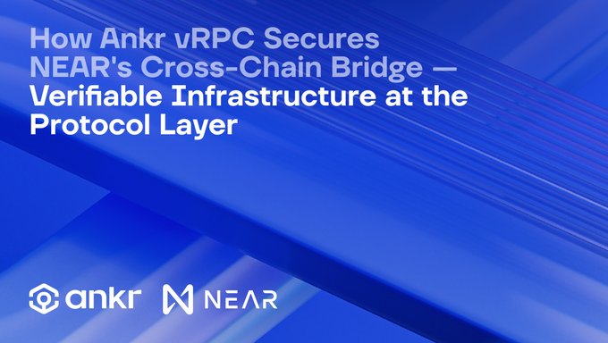 The image is a promotional graphic with a blue gradient background featuring the title "How Ankr vRPC Secures NEAR's Cross-Chain Bridge — Verifiable Infrastructure at the Protocol Layer," accompanied by the Ankr and NEAR logos at the bottom, illustrating the partnership mentioned in the post about NEAR Protocol upgrading its cross-chain security infrastructure with Ankr's verifiable RPC technology.