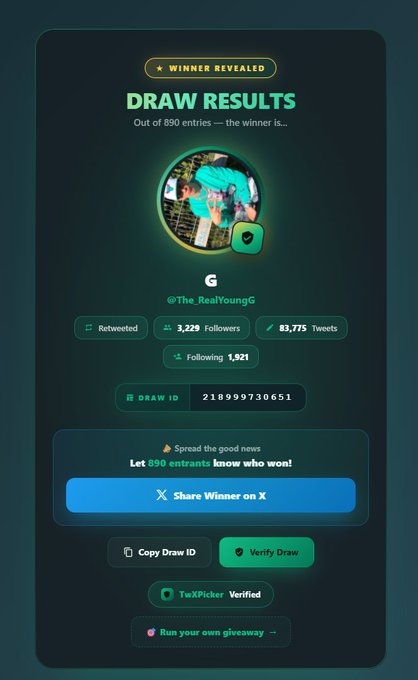 The image displays a "DRAW RESULTS" screen revealing @The_RealYoungG as the winner out of 890 entries, with a Draw ID of 218999730651 and a verified TwiPicker seal. It directly confirms the giveaway result announced in the post, where the user is congratulating the winner and requesting their USDT address to send the $100 prize.