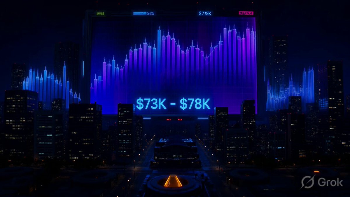 The image features a cityscape with neon-lit buildings, including the number "73K - $78K" displayed prominently against a city skyline backdrop. The surrounding buildings are lit up at night and represent various aspects of cryptocurrency trading, such as investing in hashrates or altcoins like "HYPE," "TAO," "SUI," "SOL," and "RENDER." This cityscape serves as the setting for a post discussing cryptocurrency trading strategies based on the trends captured in the image.
