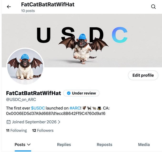 A Twitter/X profile page for FatCatBatRatWifHat (@USDC_on_ARC) marked 'Under review,' announcing 'The first ever $USDC launched on #ARC!' with a contract address and a banner featuring USDC lettering with a bat-rat character.