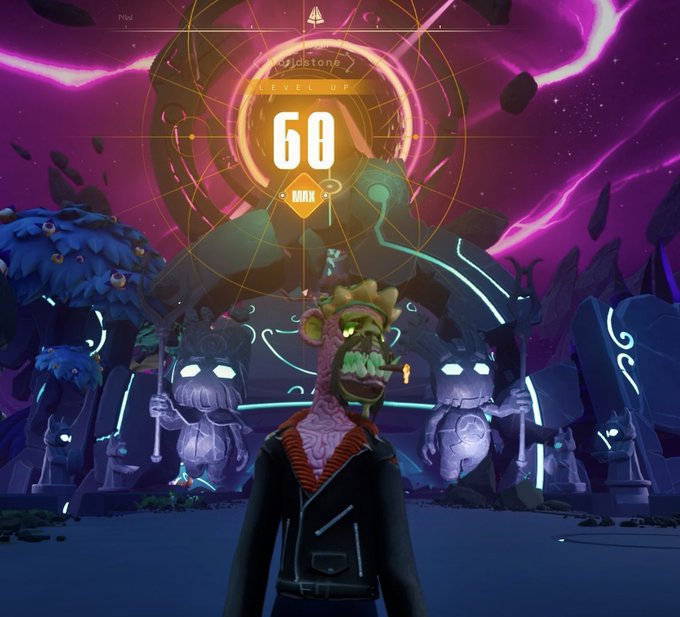 A screenshot from a VR game showing a character in a mask before stone statues, with a glowing orange level-up interface displaying 'LEVEL UP 60 MAX' for 'Jadestone'.