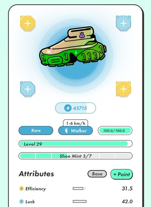 A screenshot from a shoe-based NFT game showing a green and tan sneaker NFT (#45715) classified as 'Walker' rarity, with attributes including Efficiency (31.5) and Luck (42.0), currently at Level 29 and Shoe Mint 3/7.