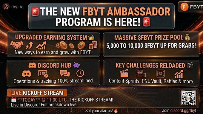 An orange and black promotional graphic announcing 'THE NEW FBYT AMBASSADOR PROGRAM IS HERE!' with features like upgraded earnings, $FBYT prize pool, Discord hub, and a live kickoff stream.