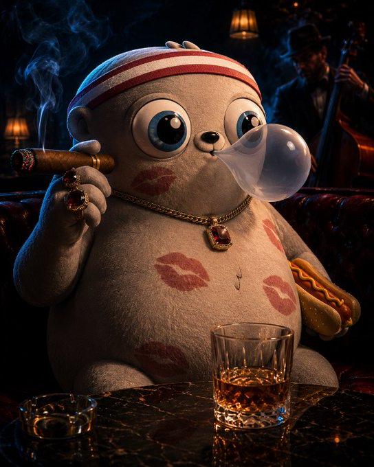 A whimsical, surreal depiction of a chubby character with a headband, lipstick marks on its body, blowing a bubble with gum, holding a cigar, and sitting near a glass of whiskey and a hot dog.