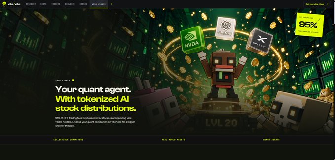 A website banner for Vibe AI tokenized AI stock distributions, featuring cartoon characters holding NVIDIA, Berkshire Hathaway, and X tokens, with 95% payouts.