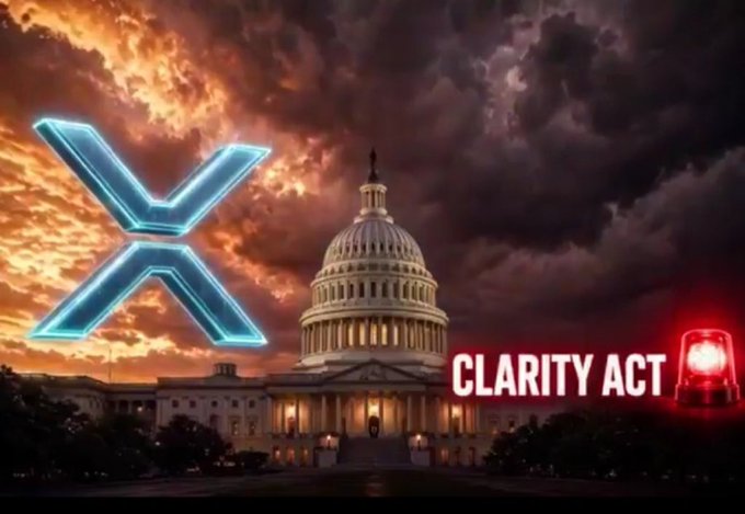 The image features the U.S. Capitol Building beneath a dramatic, cloudy sky, overlaid with a glowing blue XRP logo on the left and "CLARITY ACT" in bold red letters next to a flashing red alert light on the right, visually reinforcing the post's message about XRP's potential to benefit from impending U.S. crypto regulation.