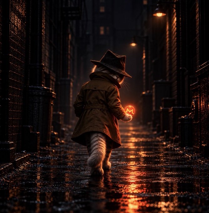A shadowy feline figure in a trench coat and fedora strides down a rain-slicked alleyway, clutching a glowing red orb marked "M" that casts an ominous light on the wet pavement. The image perfectly captures the post's noir detective theme—channeling $XMR (Monero, the privacy coin symbolized by "M") as a clandestine secret guarded by the feline mascot of $FCAT, with the fedora as the mark of its mysterious, shadowy trade.