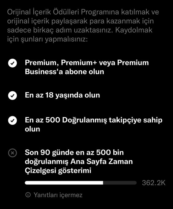 A Turkish-language Twitter help page displaying eligibility requirements for an Original Content Awards Program, with checked boxes for Premium subscription, being at least 18 years old, and having at least 500 verified followers.