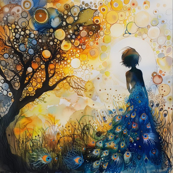 A vibrant watercolor-style painting featuring a silhouette of a woman whose flowing gown is composed of peacock feathers and peacock-like patterns, standing beside a stylized tree with circular orange and yellow foliage against a bright glowing background.
