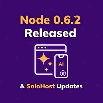 A purple promotional graphic announces "Node 0.6.2 Released & SoloHost Updates," featuring icons of a browser window with sparkles and a smartphone displaying "AI" and the Pi logo, which visually corresponds to the post highlighting the new Pi Network Node update's enhancements to SoloHost, connectivity, and the $Pi desktop experience.