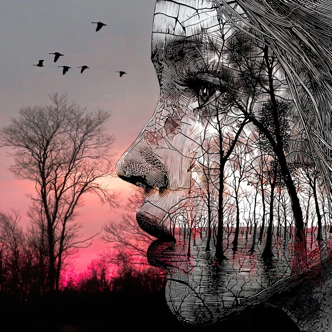 A double-exposure style artwork showing the profile silhouette of a person's face merged with a landscape of bare trees and flying birds against a pink and purple sunset sky.