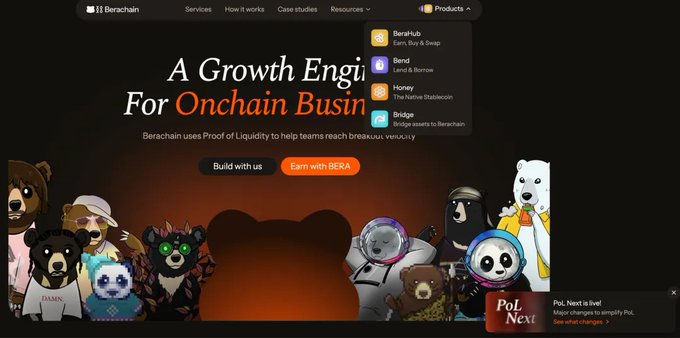 Screenshot of the Berachain website showing the headline 'A Growth Engine For Onchain Business' with a navigation menu and cartoon bear characters at the bottom.
