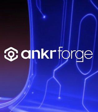 The image shows a glowing blue digital background featuring circuit-like pathways and the white "ankrforge" logo with its hexagonal emblem. It visually represents the Ankr Forge platform's tech-forward, user-friendly crypto wallet onboarding experience highlighted in the accompanying post.