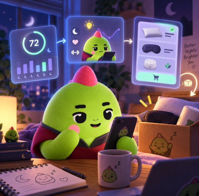 A cheerful green Sleepagotchi mascot looks at a smartphone surrounded by holographic screens showing a "72" sleep score, AI-powered insights, and a sleep product shop with the text "Better Nights Brighter You," illustrating how the app transforms wearable sleep data into actionable product recommendations.