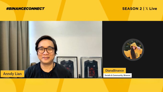 The image shows a Binance Connect Season 2 livestream interview featuring Anndy Lian, with the host identified as "DianaBinance" from "Socials & Community, Binance" appearing in a small profile circle. The visual matches the post's description of the Web4 era discussion, displaying the #BINANCECONNECT Season 2 | X Live branding at the top.