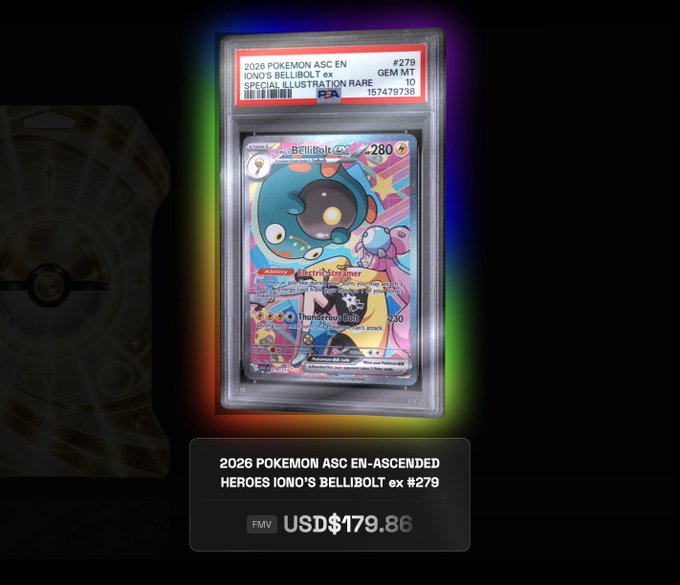 A graded PSA 10 Gem Mint Pokémon trading card '2026 POKEMON ASC EN IONO'S BELLIBOLT ex #279 SPECIAL ILLUSTRATION RARE' displayed with a price tag of USD$179.86.
