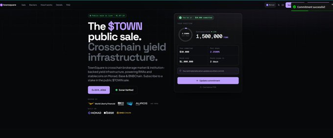 A screenshot of the $TOWN public sale page on TownSquare displays a fundraising total of 1,500,000 tokens with a "Contribution successful" notification at the top right. The page advertises TownSquare's crosschain yield infrastructure and confirms the project's $16.5M raise and $1.5M raised to date, aligning with the post's enthusiasm about the Monad-based DeFi project's notable investors including OKX, Coinbase, and a16z.