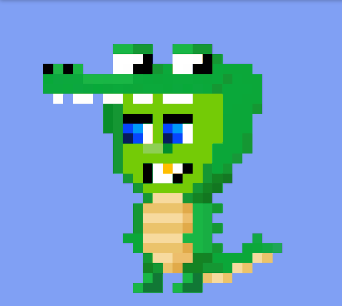A pixel art illustration of a green cartoon alligator/crocodile character with blue eyes wearing a hat, on a purple background.