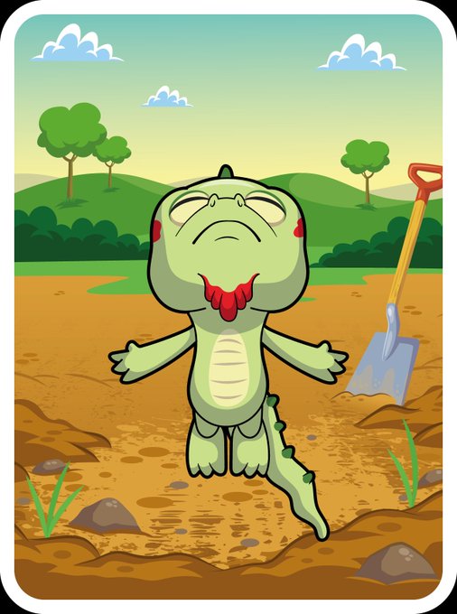 A cartoon illustration shows a green dinosaur with a red mouth standing in a muddy field near a shovel, with trees and a cloudy sky in the background.