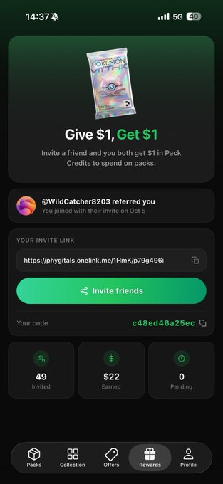 A mobile screenshot of the Phygitals "Rewards" tab displaying a "Give $1, Get $1" referral promotion, showing 49 invites, $22 earned, and 0 pending, with an invite code "c48ed46a25ec" and link (https://phygitals.onelink.me/1hmk/p79g496i). The image illustrates the referral program the post references, which addresses ongoing bot abuse and device-limits affecting Android and email sign-ups.