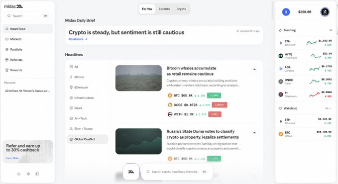 The Midas Super-App screenshot shows a consolidated view of crypto news, prices (like BTC $65.6K, DOGE $0.0728, WETH $1.9K), and trending assets. This interface is designed to provide users with all their financial data in one place.