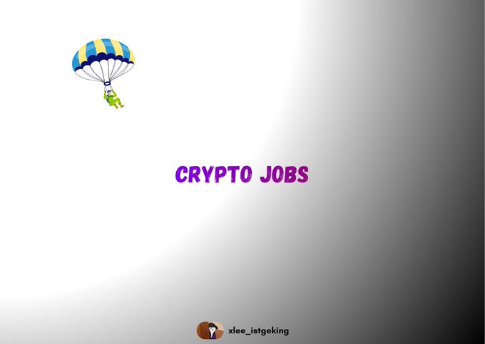 A minimalist graphic with a parachuting green frog, the purple text "CRYPTO JOBS" in the center, and a small profile picture labeled "xlee_istgeking" at the bottom.