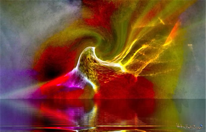 A vibrant digital artwork depicts a luminous phoenix rising from a reflective pool of water, its fiery plumage swirling in vivid reds, golds, and greens against a dark, smoky backdrop, embodying the post's theme of rebirth through the convergence of water and fire. A faint signature reading "Kelly" appears in the bottom right corner.